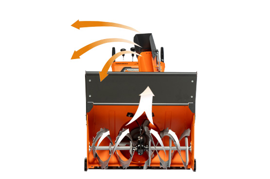 Агрессивные шнеки-ледорубы предназначены для работы с различным типом снега, вплоть до слежавшегося и обледенелого. Измельчая снег, шнеки подают его на крыльчатку выброса.